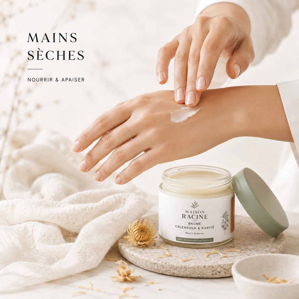 Application d’un baume sur des mains sèches