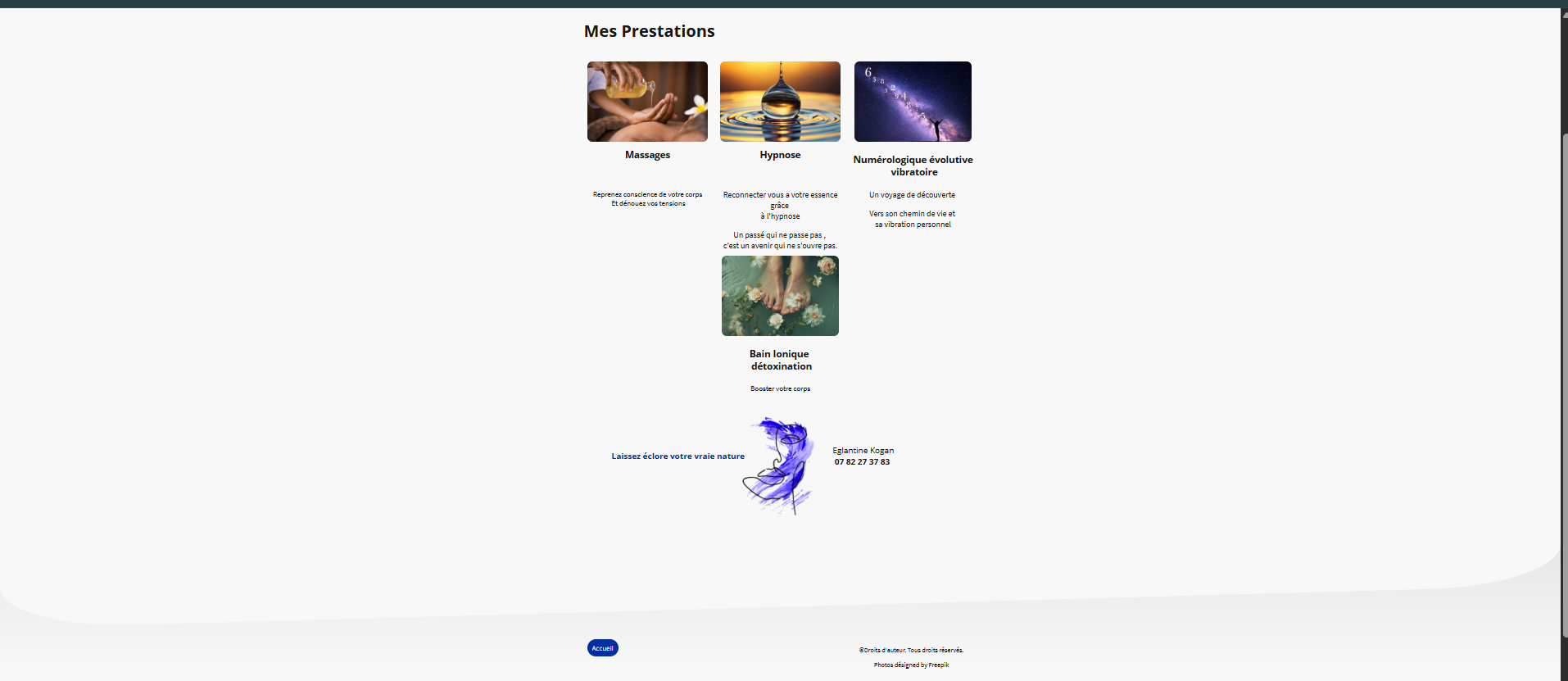 Exemple de site de prestations bien-être avec présentation personnelle mais faible hiérarchie commerciale