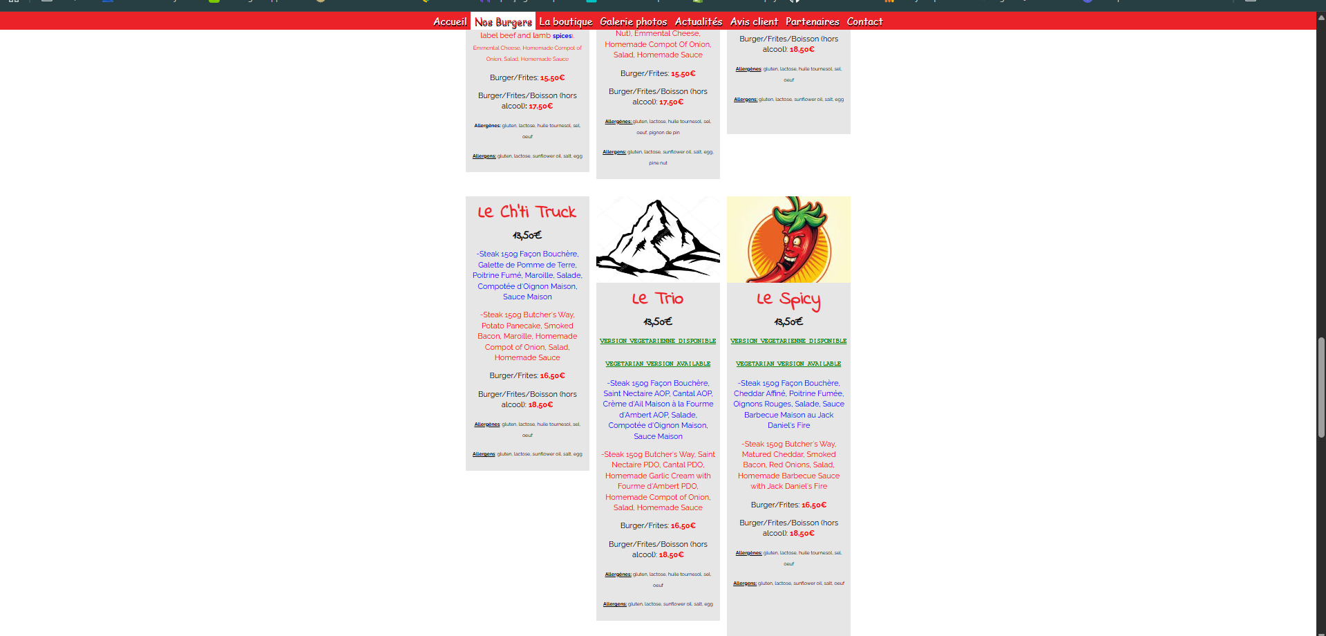 Exemple de page de restaurant avec offre confuse, textes mélangés et hiérarchie difficile à lire